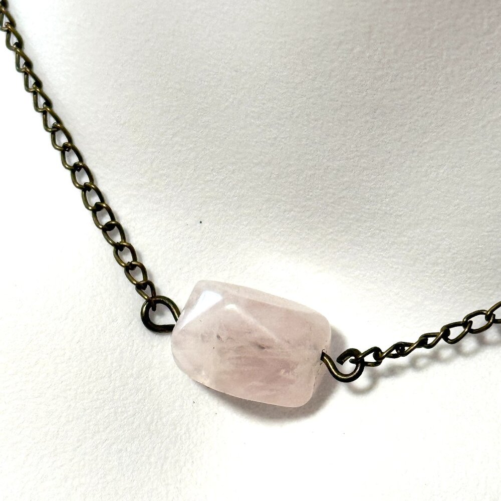 2/$20, Natural Rose Quartz Short Necklace, Genuine Gemstone & Bronze Chain